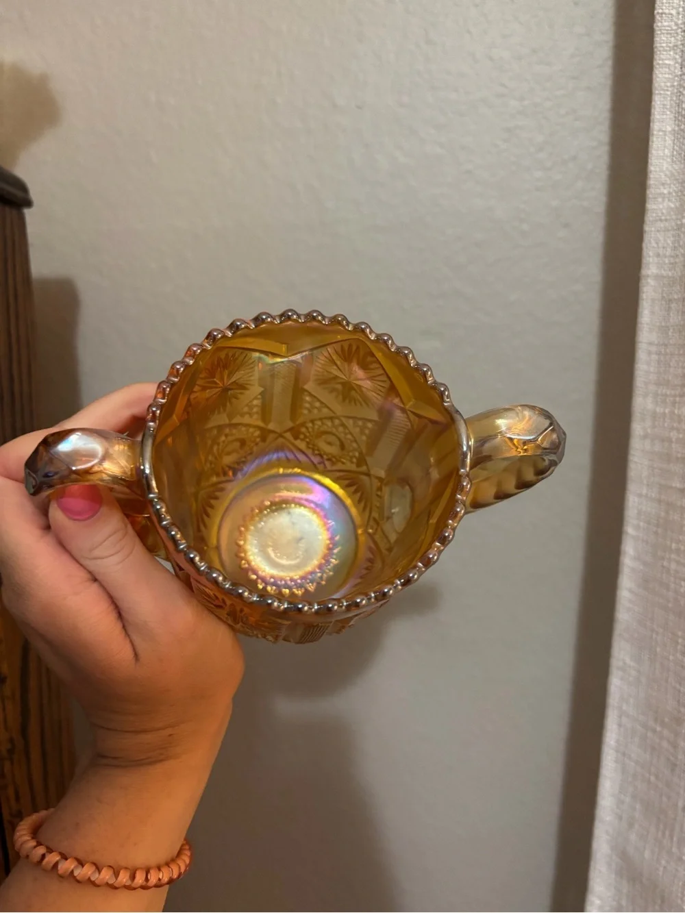 Amber Carnival Glass Two-Handled Decorative Bowl